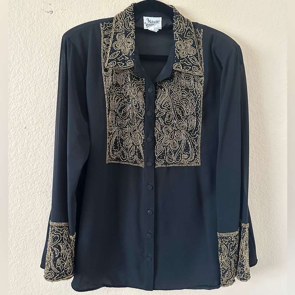Midnight Velvet gold beaded top.